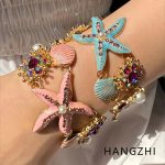HANGZHI Blue & Pink Drip Oil Starfish Shell Pearl Bracelet Anklet – Summer Beach Jewelry for Women
