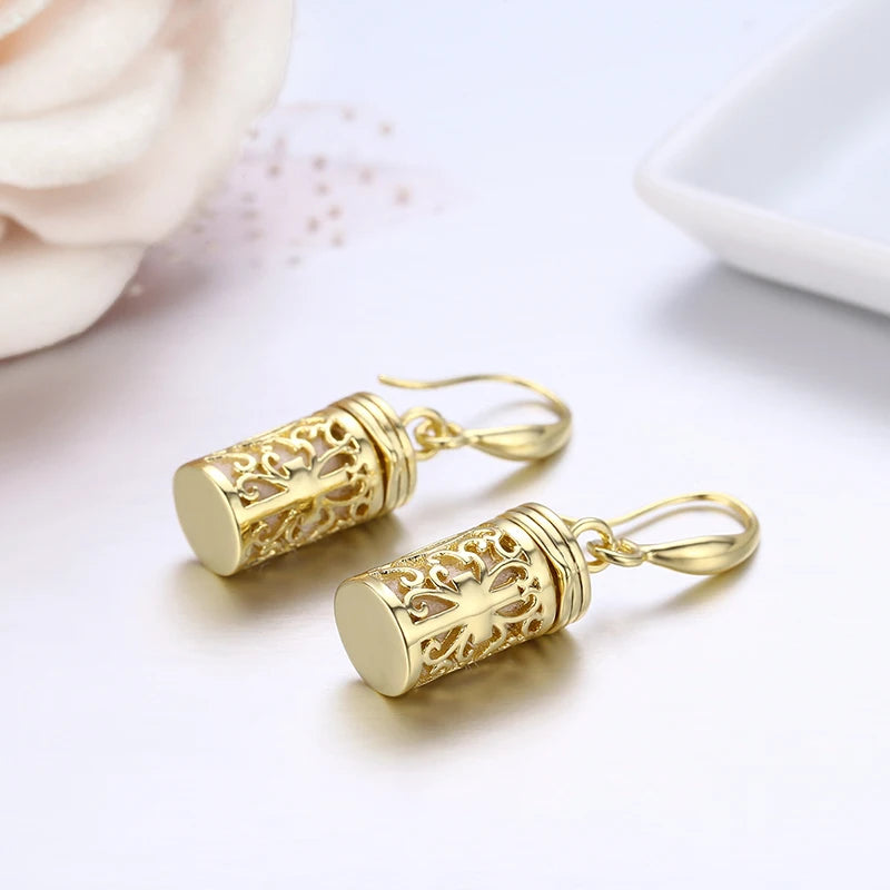 Hollow Out Filigree Cross Perfume Bottle Earrings – Gold Essential Oil Diffuser Jewelry for Women & Girls - Image 3