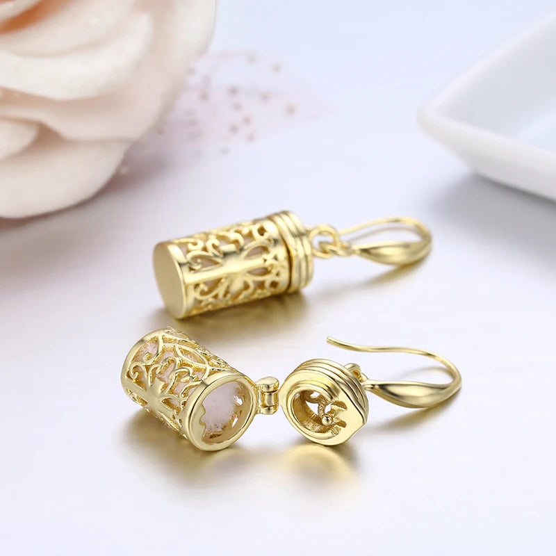 Hollow Out Filigree Cross Perfume Bottle Earrings – Gold Essential Oil Diffuser Jewelry for Women & Girls