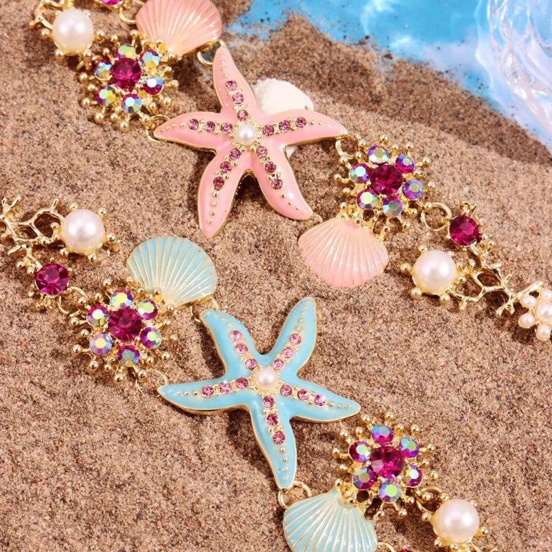 HANGZHI Blue & Pink Drip Oil Starfish Shell Pearl Bracelet Anklet – Summer Beach Jewelry for Women - Image 3